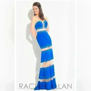 Rachel Allan Long Formal Bright Blue Sheer Panelled Prom Dress Size 6